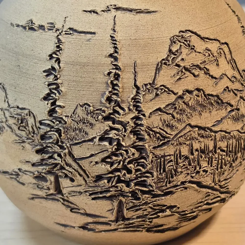 Vintage Wray Kay Sheen Frantic Art Studio Pottery Carved Landscape Tree Vase